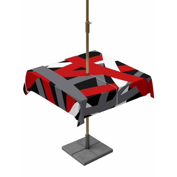 Outdoor Tablecloth with Umbrella Hole and Zipper, Red Black Geometric Square Table Cloth 54x54 Inch Waterproof Tablecloth, Modern Art Abstract Grey Line Picnic Table Cover for Patio Camping