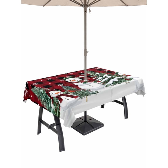 Outdoor Tablecloth with Umbrella Hole and Zipper, Red Black Plaid Christmas Rectangle Table Cloth 60x84 Inch Waterproof Tablecloth, Xmas Tree Snowman Snowflakes Picnic Table Cover for Patio Camping