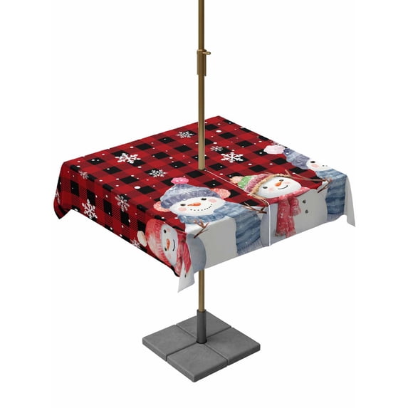 Outdoor Tablecloth with Umbrella Hole and Zipper, Red Black Plaid Christmas Square Table Cloth 60x60 Inch Waterproof Tablecloth, Xmas Snowman Snowflake Winter Picnic Table Cover for Patio Camping