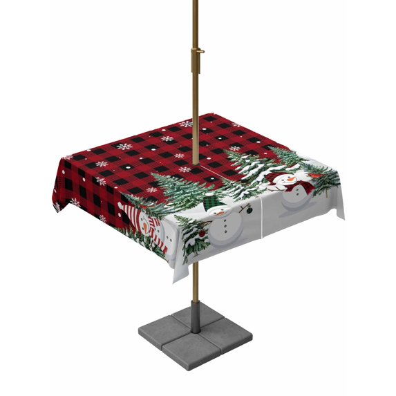 Outdoor Tablecloth with Umbrella Hole and Zipper, Red Black Plaid Christmas Square Table Cloth 60x60 Inch Waterproof Tablecloth, Xmas Tree Snowman Snowflakes Picnic Table Cover for Patio Camping
