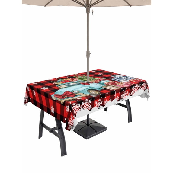 Outdoor Tablecloth with Umbrella Hole and Zipper, Red Black Plaid Christmas Trucks Rectangle Table Cloth 60x120 Inch Waterproof Tablecloth, Xmas Tree Gifts Snowflake Picnic Table Cover for Patio