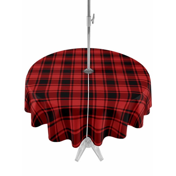 Outdoor Tablecloth with Umbrella Hole Zipper Red Black Plaid Round Tablecloth 60" Waterproof Outside Table Cloth Vintage Farmhouse Abstract Buffalo Check Patio Table Cover Tablecloths for Picnic