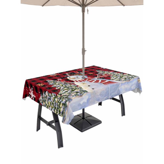 Outdoor Tablecloth with Umbrella Hole and Zipper, Red Black PlaidChristmas Snowman Rectangle Table Cloth 60x120 Inch Waterproof Tablecloth, Winter Xmas Tree Snowflakes Picnic Table Cover for Patio