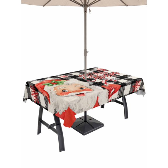 Outdoor Tablecloth with Umbrella Hole and Zipper, Red Black Santa Christmas Rectangle Table Cloth 60x84 Inch Waterproof Tablecloth, Plaid Xmas Snowflake Winter Farmhouse Picnic Table Cover for Patio
