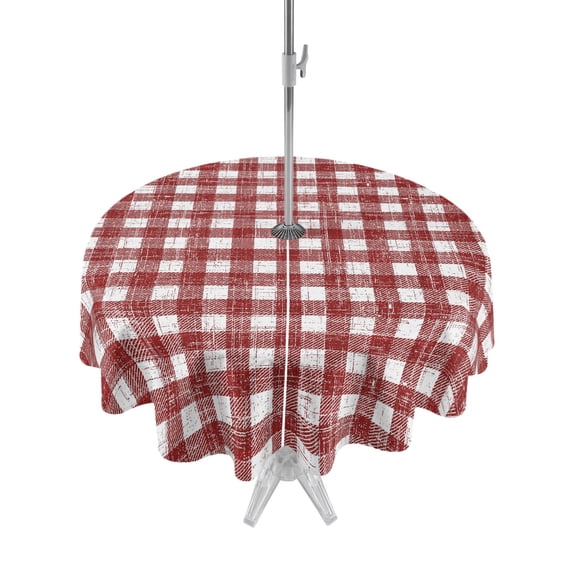 Outdoor Tablecloth with Umbrella Hole Zipper Red Buffalo Plaid Round Tablecloth 60" Waterproof Outside Table Cloth Farmhouse Checked Vintage Geometric Art Patio Table Cover Tablecloths for Picnic