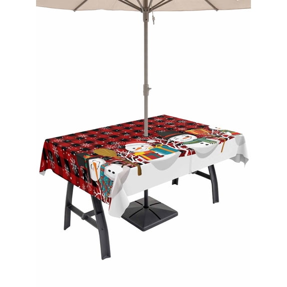 Outdoor Tablecloth with Umbrella Hole and Zipper, Red Buffalo Plaid Snowman Rectangle Table Cloth 60x84 Inch Waterproof Tablecloth, Christmas Winter Snowflake Xmas Picnic Table Cover for Patio