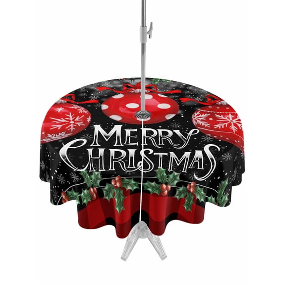 Outdoor Tablecloth with Umbrella Hole and Zipper, Red Christmas Balls Round Table Cloth 54 Inch Waterproof Tablecloth, Winter Snowflakes Xmax Berry Plaid Picnic Table Cover for Patio Camping