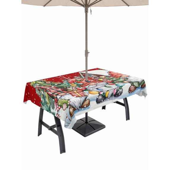Outdoor Tablecloth with Umbrella Hole and Zipper, Red Christmas Gnomes Rectangle Table Cloth 60x102 Inch Waterproof Tablecloth, Xmas Winter Forest Pine Tree Picnic Table Cover for Patio Camping