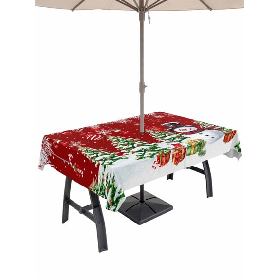 Outdoor Tablecloth with Umbrella Hole and Zipper, Red Christmas Rectangle Table Cloth 52x70 Inch Waterproof Tablecloth, Xmas Snowman Tree Snowflake Balls Picnic Table Cover for Patio Camping