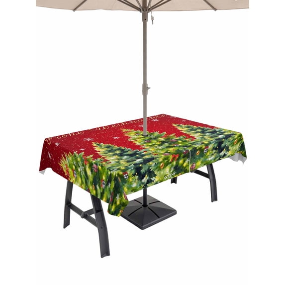 Outdoor Tablecloth with Umbrella Hole and Zipper, Red Christmas Rectangle Table Cloth 54x80 Inch Waterproof Tablecloth, Green Xmas Tree Snowflake Winter Picnic Table Cover for Patio Camping