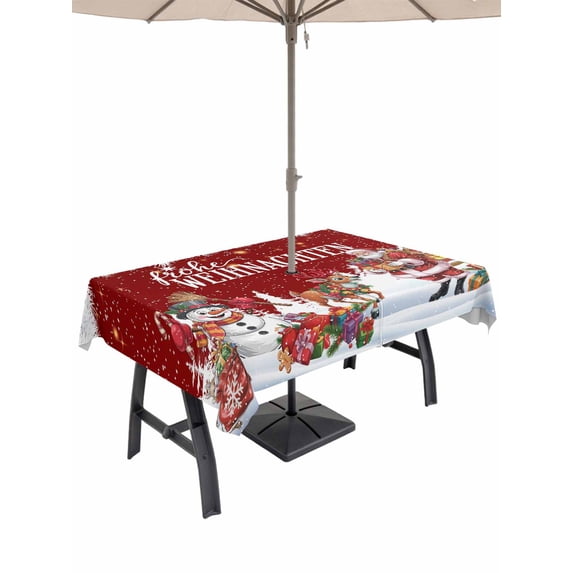 Outdoor Tablecloth with Umbrella Hole and Zipper, Red Christmas Rectangle Table Cloth 54x80 Inch Waterproof Tablecloth, Santa Snowman Snowflake Gifts Elk Picnic Table Cover for Patio Camping