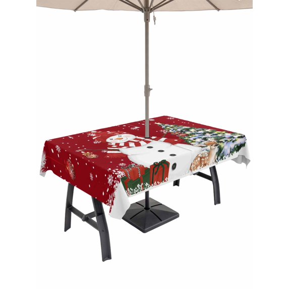 Outdoor Tablecloth with Umbrella Hole and Zipper, Red Christmas Rectangle Table Cloth 54x80 Inch Waterproof Tablecloth, Snowman Xmas Balls Pine Needle Tree Picnic Table Cover for Patio Camping