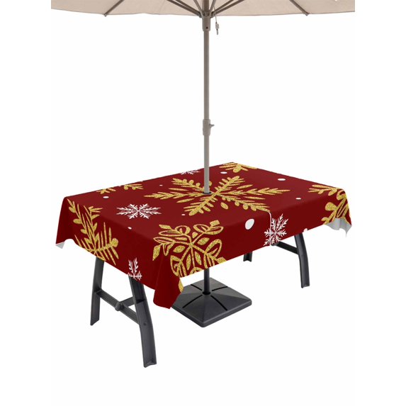 Outdoor Tablecloth with Umbrella Hole and Zipper, Red Christmas Rectangle Table Cloth 54x80 Inch Waterproof Tablecloth, Winter Xmas Snowflakes Textured Picnic Table Cover for Patio Camping