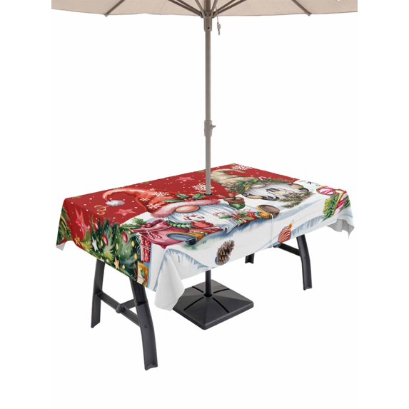 Outdoor Tablecloth with Umbrella Hole and Zipper, Red Christmas Rectangle Table Cloth 60x102 Inch Waterproof Tablecloth, Gnomes Xmas Tree Snowflake Gifts Picnic Table Cover for Patio Camping