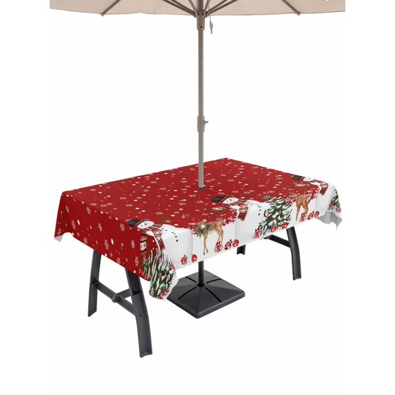Outdoor Tablecloth with Umbrella Hole and Zipper, Red Christmas Rectangle Table Cloth 60x102 Inch Waterproof Tablecloth, Snowman Snowflake Xmas Tree Ball Elk Picnic Table Cover for Patio Camping