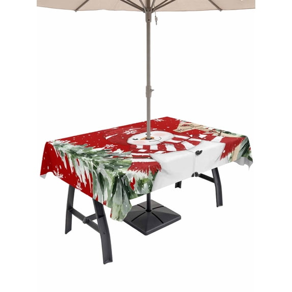 Outdoor Tablecloth with Umbrella Hole and Zipper, Red Christmas Rectangle Table Cloth 60x102 Inch Waterproof Tablecloth, Winter Snowman Pine Tree Berry Snowflakes Picnic Table Cover for Patio Camping