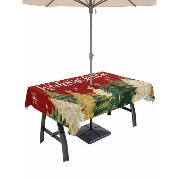 Outdoor Tablecloth with Umbrella Hole and Zipper, Red Christmas Rectangle Table Cloth 60x102 Inch Waterproof Tablecloth, Xmas Tree Snowflake Winter Farmhouse Picnic Table Cover for Patio Camping
