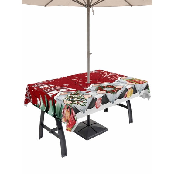 Outdoor Tablecloth with Umbrella Hole and Zipper, Red Christmas Rectangle Table Cloth 60x120 Inch Waterproof Tablecloth, Gnomes Xmas Tree Snowflake Gifts Birds Picnic Table Cover for Patio Camping