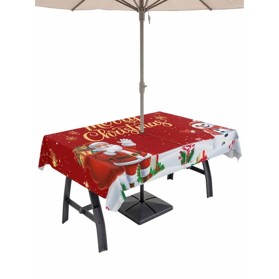 Outdoor Tablecloth with Umbrella Hole and Zipper, Red Christmas Rectangle Table Cloth 60x120 Inch Waterproof Tablecloth, Santa Snowman Xmas Gifts Snowflake Winter Picnic Table Cover for Patio Camping