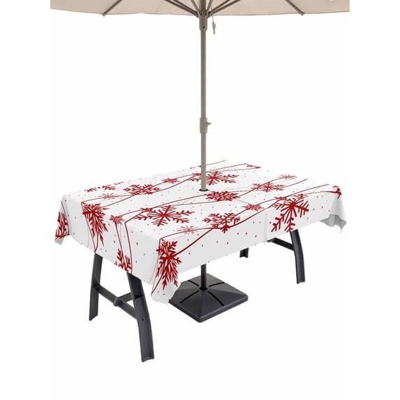 Outdoor Tablecloth with Umbrella Hole and Zipper, Red Christmas Rectangle Table Cloth 60x120 Inch Waterproof Tablecloth, Winter Xmas Snowflake Wave Picnic Table Cover for Patio Camping