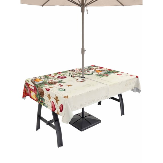 Outdoor Tablecloth with Umbrella Hole and Zipper, Red Christmas Rectangle Table Cloth 60x120 Inch Waterproof Tablecloth, Xams Tree Winter Poinsettia Pine Cones Farmhouse Picnic Table Cover for Patio