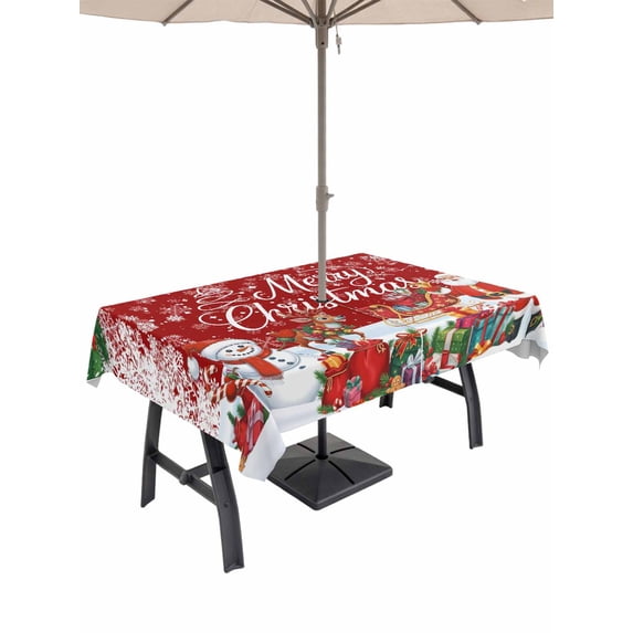 Outdoor Tablecloth with Umbrella Hole and Zipper, Red Christmas Rectangle Table Cloth 60x120 Inch Waterproof Tablecloth, Xmas Snowman Santa Elk Winter Snowflake Picnic Table Cover for Patio Camping