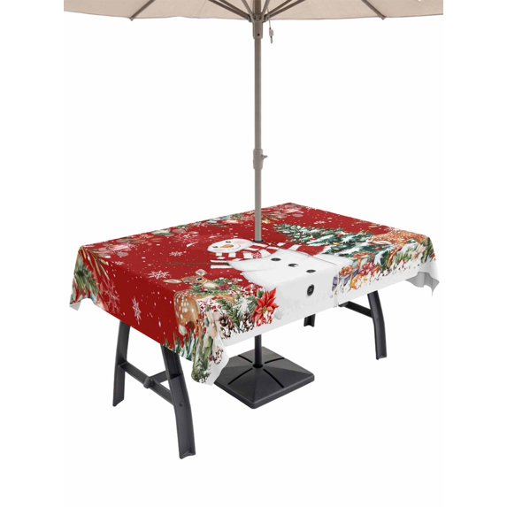 Outdoor Tablecloth with Umbrella Hole and Zipper, Red Christmas Rectangle Table Cloth 60x84 Inch Waterproof Tablecloth, Snowman Xmas Tree Poinsettia Eucalyptus Picnic Table Cover for Patio Camping