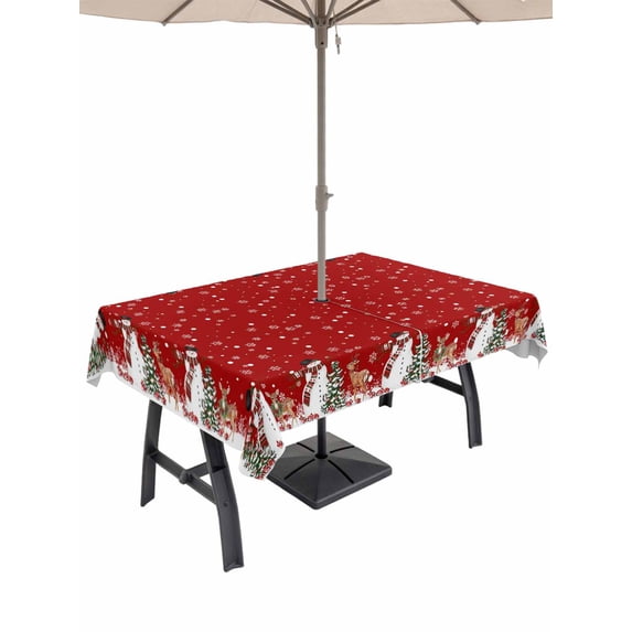 Outdoor Tablecloth with Umbrella Hole and Zipper, Red Christmas Rectangle Table Cloth 60x84 Inch Waterproof Tablecloth, Winter Snowman Pine Tree Deer Snowflakes Picnic Table Cover for Patio Camping