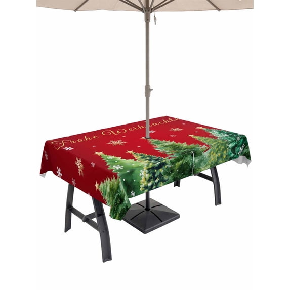Outdoor Tablecloth with Umbrella Hole and Zipper, Red Christmas Rectangle Table Cloth 60x84 Inch Waterproof Tablecloth, Winter Xmas Trees Snowflake Holiday Picnic Table Cover for Patio Camping