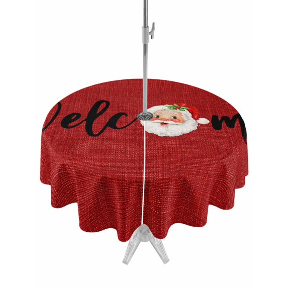 Outdoor Tablecloth with Umbrella Hole and Zipper, Red Christmas Round Table Cloth 54 Inch Waterproof Tablecloth, Santa Xmas Rustic Farmhouse Winter Picnic Table Cover for Patio Camping