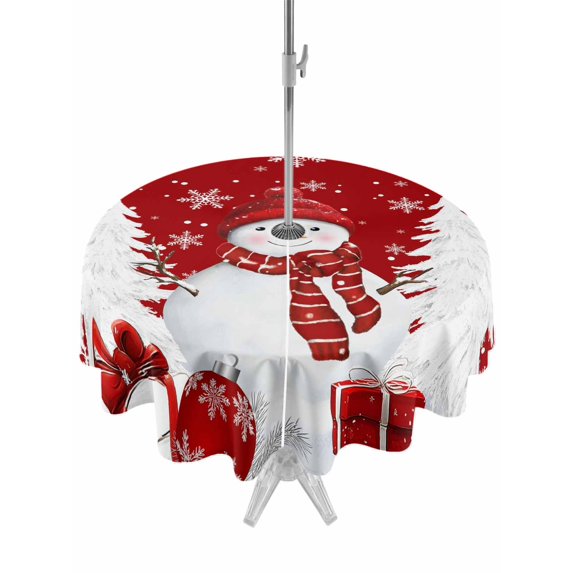 Outdoor Tablecloth with Umbrella Hole and Zipper, Red Christmas Round Table Cloth 54 Inch Waterproof Tablecloth, Snowman Gifts Xmas Tree Winter Snowflake Picnic Table Cover for Patio Camping