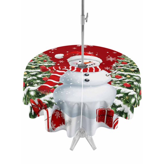 Outdoor Tablecloth with Umbrella Hole and Zipper, Red Christmas Round Table Cloth 54 Inch Waterproof Tablecloth, Snowman Snowflake Xmas Tree Gifts Picnic Table Cover for Patio Camping