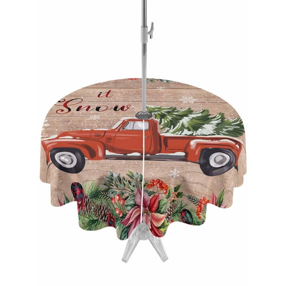 Outdoor Tablecloth with Umbrella Hole and Zipper, Red Christmas Round Table Cloth 54 Inch Waterproof Tablecloth, Truck Xmas Tree Snowflake Winter Wooden Picnic Table Cover for Patio Camping