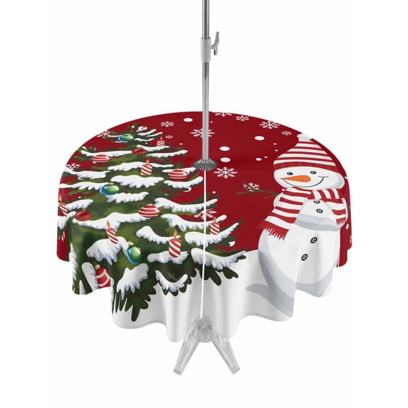 Outdoor Tablecloth with Umbrella Hole and Zipper, Red Christmas Round Table Cloth 54 Inch Waterproof Tablecloth, Xmas Snowman Pine Tree Winter Snowflakes Picnic Table Cover for Patio Camping