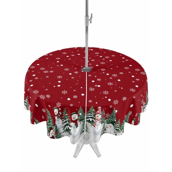 Outdoor Tablecloth with Umbrella Hole and Zipper, Red Christmas Round Table Cloth 54 Inch Waterproof Tablecloth, Xmas Snowman Snowflake Green Tree Picnic Table Cover for Patio Camping