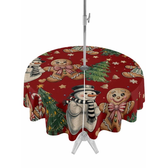Outdoor Tablecloth with Umbrella Hole and Zipper, Red Christmas Round Table Cloth 54 Inch Waterproof Tablecloth, Xmas Tree Gingerbread Snowman Winter Picnic Table Cover for Patio Camping