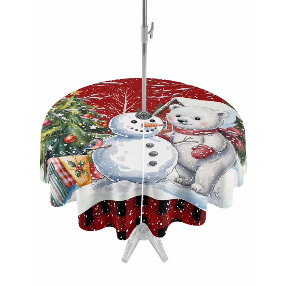 Outdoor Tablecloth with Umbrella Hole and Zipper, Red Christmas Round Table Cloth 54 Inch Waterproof Tablecloth, Xmas Tree Snowman Bear Snowfall Plaid Picnic Table Cover for Patio Camping