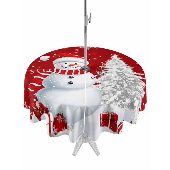 Outdoor Tablecloth with Umbrella Hole and Zipper, Red Christmas Round Table Cloth 60 Inch Waterproof Tablecloth, Snowman Snowflake Gifts Xmas Tree Picnic Table Cover for Patio Camping