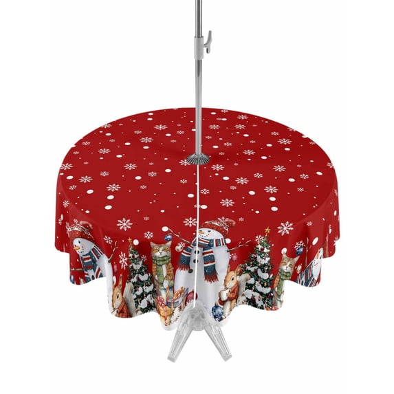 Outdoor Tablecloth with Umbrella Hole and Zipper, Red Christmas Round Table Cloth 60 Inch Waterproof Tablecloth, Winter Snowman Animals Snowflake Pine Tree Picnic Table Cover for Patio Camping