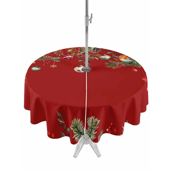 Outdoor Tablecloth with Umbrella Hole and Zipper, Red Christmas Round Table Cloth 60 Inch Waterproof Tablecloth, Xams Tree Winter Poinsettia Pine Cones Picnic Table Cover for Patio Camping