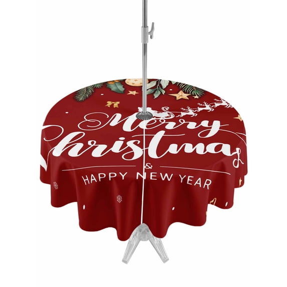 Outdoor Tablecloth with Umbrella Hole and Zipper, Red Christmas Round Table Cloth 60 Inch Waterproof Tablecloth, Xmas Botanical Ball Bell Picnic Table Cover for Patio Camping