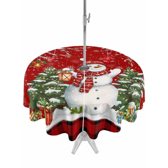 Outdoor Tablecloth with Umbrella Hole and Zipper, Red Christmas Round Table Cloth 60 Inch Waterproof Tablecloth, Xmas Snowman Tree Snowflakes Birch Branches Picnic Table Cover for Patio Camping