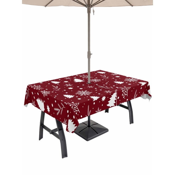 Outdoor Tablecloth with Umbrella Hole and Zipper, Red Christmas Snowflakes Rectangle Table Cloth 60x84 Inch Waterproof Tablecloth, Winter Xmas Pine Tree Plant Picnic Table Cover for Patio Camping