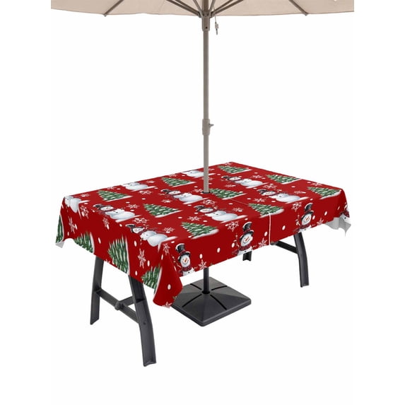 Outdoor Tablecloth with Umbrella Hole and Zipper, Red Christmas Snowman Rectangle Table Cloth 60x102 Inch Waterproof Tablecloth, Winter Snowflakes Xmas Tree Forest Picnic Table Cover for Patio