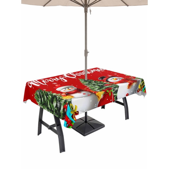 Outdoor Tablecloth with Umbrella Hole and Zipper, Red Christmas Snowman Rectangle Table Cloth 60x120 Inch Waterproof Tablecloth, Winter Snowflake Green Xmas Tree Picnic Table Cover for Patio Camping