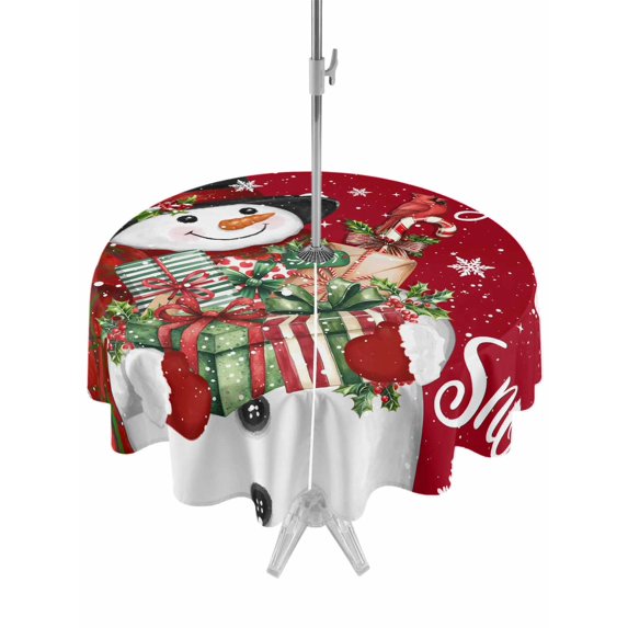 Outdoor Tablecloth with Umbrella Hole and Zipper, Red Christmas Snowman Round Table Cloth 54 Inch Waterproof Tablecloth, Xmas Botanical Birds Snowflake Picnic Table Cover for Patio Camping