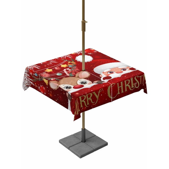 Outdoor Tablecloth with Umbrella Hole and Zipper, Red Christmas Square Table Cloth 54x54 Inch Waterproof Tablecloth, Santa Claus Deer Snowflake Pine Branches Ball Picnic Table Cover for Patio Camping