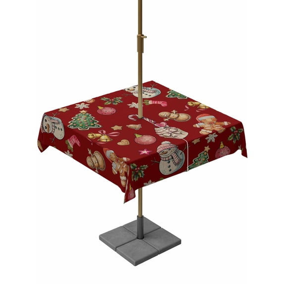 Outdoor Tablecloth with Umbrella Hole and Zipper, Red Christmas Square Table Cloth 54x54 Inch Waterproof Tablecloth, Xmas Tree Balls Snowman Gingerbread Picnic Table Cover for Patio Camping