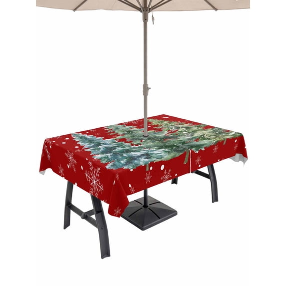 Outdoor Tablecloth with Umbrella Hole and Zipper, Red Christmas Tree Rectangle Table Cloth 54x80 Inch Waterproof Tablecloth, Xmas Trees Snowflake Winter Picnic Table Cover for Patio Camping