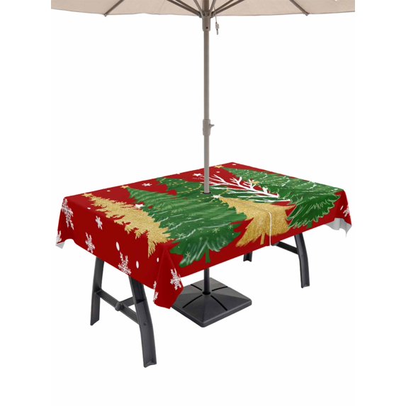 Outdoor Tablecloth with Umbrella Hole and Zipper, Red Christmas Tree Rectangle Table Cloth 60x102 Inch Waterproof Tablecloth, Green Golden Xmas Tree Snowflake Winter Picnic Table Cover for Patio